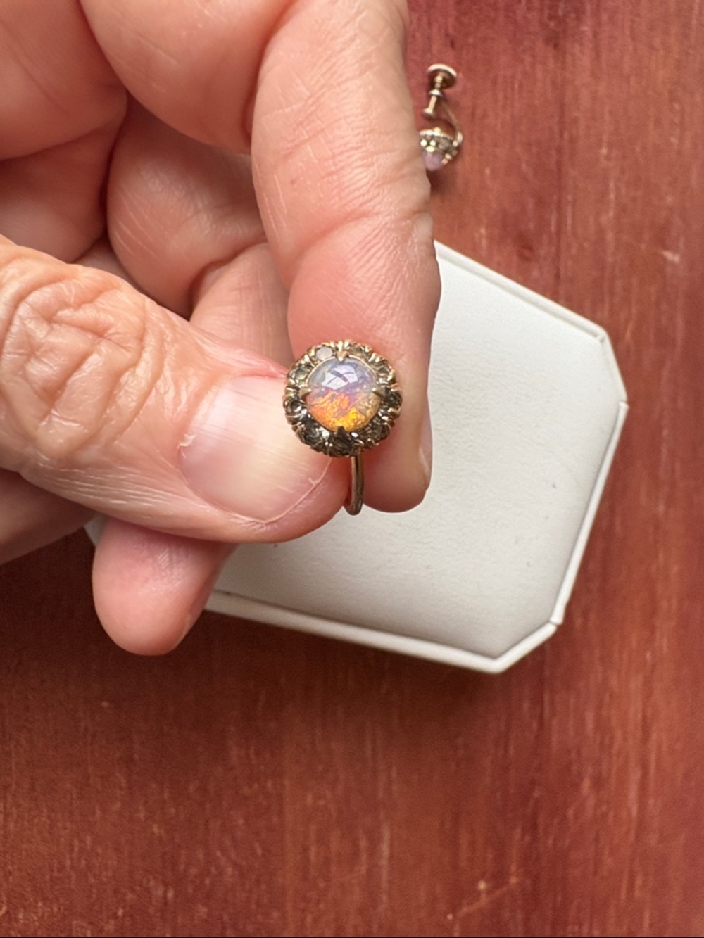 Vintage Vargas Gold Pink Opal Halo Drop Earrings - Iridescent Dragon Fire Stone - Picture 3 of 11